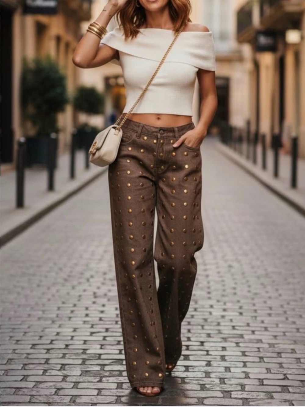 PANTS: Brown Riveted/Studded Wide-Leg Denim, NWOT - Picture 6 of 7